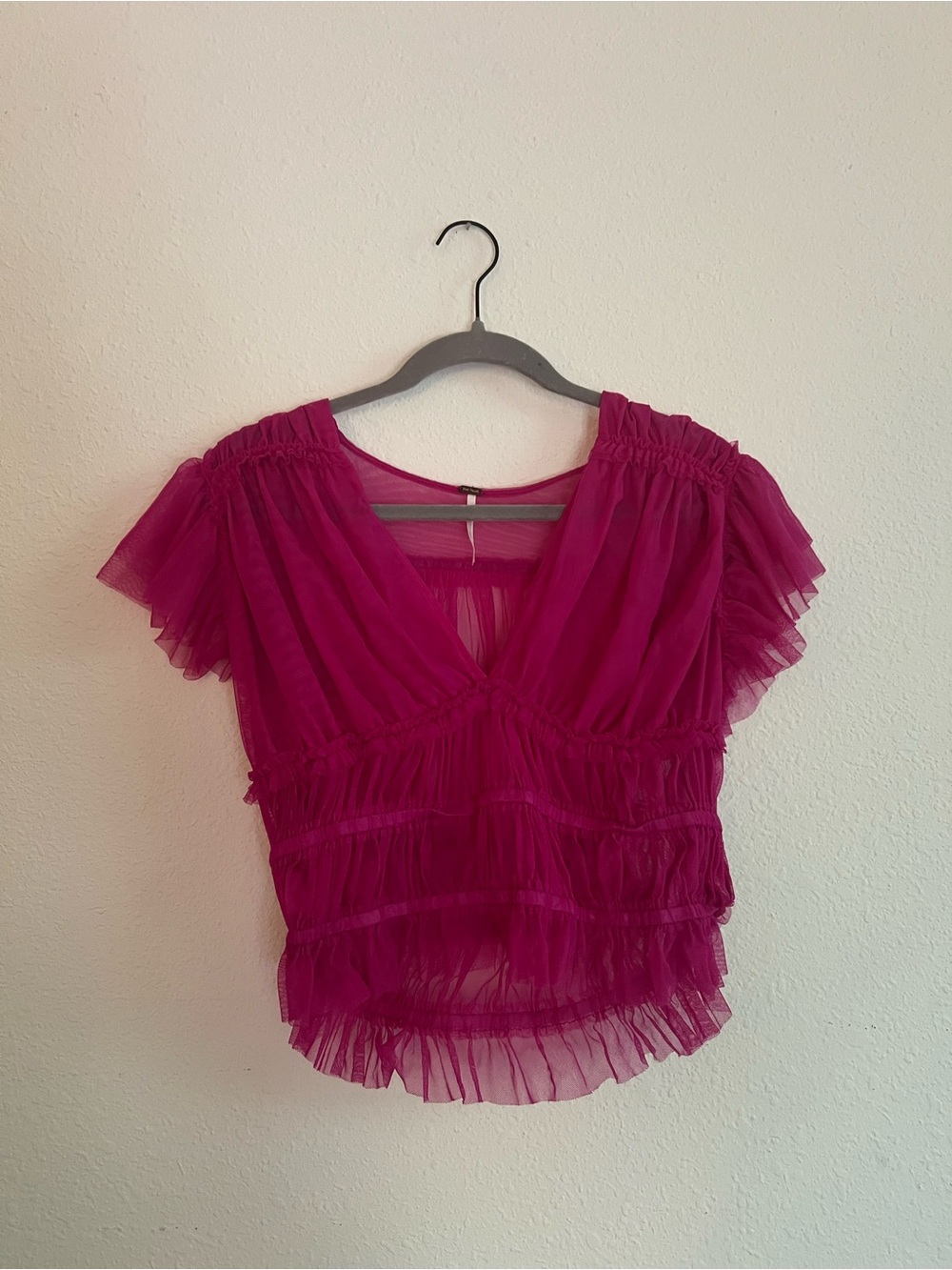 Free People Sheer Ruffled V-Neck Top - Fuchsia